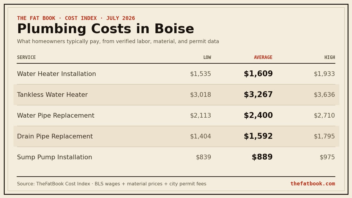 Chart of plumbing costs in Boise, July 2026: Water Heater Installation averages $1,609; Tankless Water Heater averages $3,267; Water Pipe Replacement averages $2,400. Source: TheFatBook Cost Index.